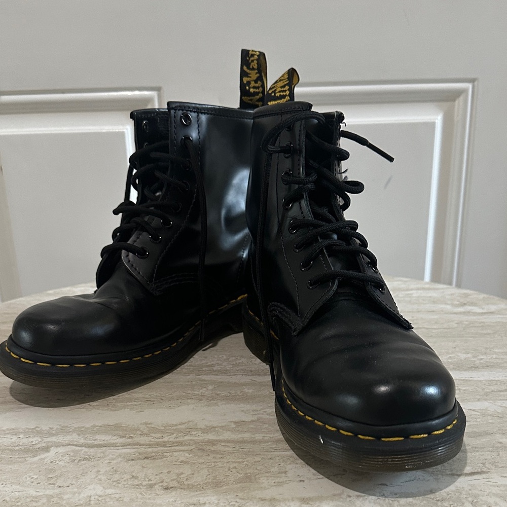 Dr. Martens Black Leather Boots with Yellow Stitching